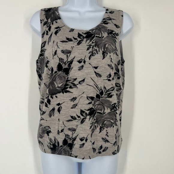 Talbots Women L Gray Black Pure Merino Wool Floral Rose Knit Tank Top Shell - Picture 7 of 7